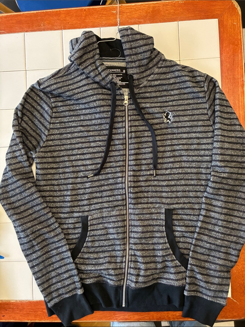 Express Men’s Gray & Black Striped Full-Zip Hoodie Size L